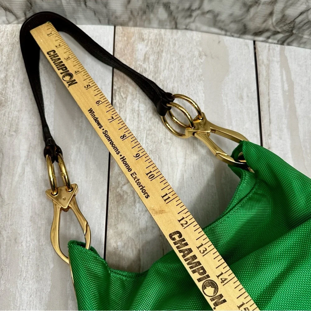 Vibrant Green Nylon Hobo Shoulder Bag Black Strap Gold Hardware Tote Bold Bright